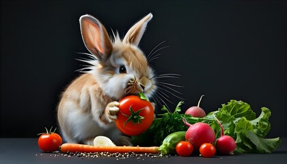 Adorable fluffy rabbit enjoying a feast of fresh vegetables in a charming studio setting