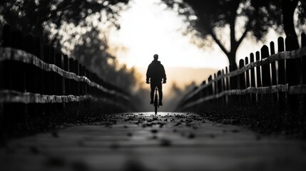 A lone cyclist rides along a peaceful path surrounded by trees at sunset, capturing the tranquility of evening adventures.