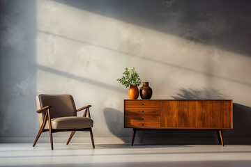 Wall Mural - MidCentury Modern Living Room with Brown Leather Armchair Wooden Cabinet and Vases