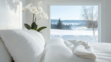 Serene white bedroom with an orchid and a snow-covered landscape view, creating a peaceful retreat.