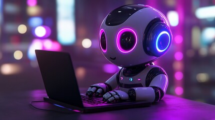 Wall Mural - 3D illustration of a cute AI robot using a laptop, purple neon glow, futuristic chatbot, and AI assistant concept, banner.