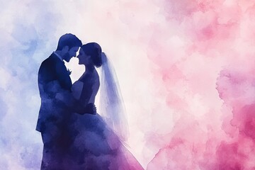 A romantic watercolor silhouette of a couple embracing, capturing love and elegance in a dreamy watercolor background.