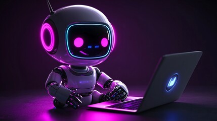 Wall Mural - Futuristic 3D AI robot with purple neon glow using a laptop, cute chatbot assistant concept, tech illustration banner.