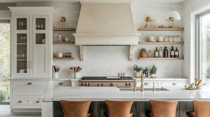 Modern organic kitchen, countertop hutch cabinet with reeded glass, white stone wall with a built-in plaster range hood with oils and salt and pepper brass grinders on shelf inside