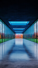 Wall Mural - A long, empty hallway with a view of fall foliage.