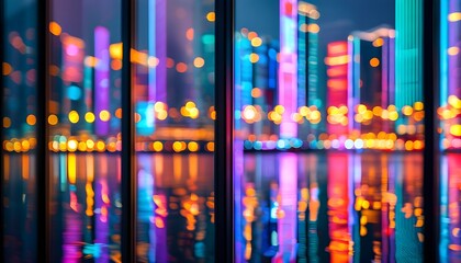 Wall Mural - Vibrant Abstract Reflection of Blurred City Lights on a Window Pane