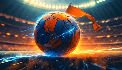 Wall Mural - Dynamic soccer ball in motion with vibrant orange and blue effects, showcasing thrilling action in a competitive football atmosphere