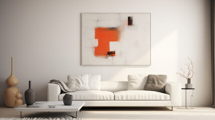 Wall Mural - Modern Living Room Interior Design with White Sofa Abstract Painting and Wooden Floor