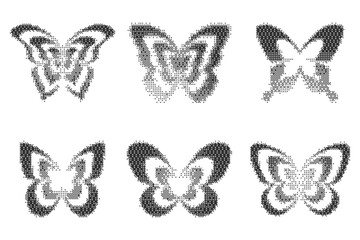 Poster - Bitmap pattern abstract butterfly shapes. Halftone gradient elements on white background. Y2k graphic abstract icons. Dither noisy grunge texture. Vector