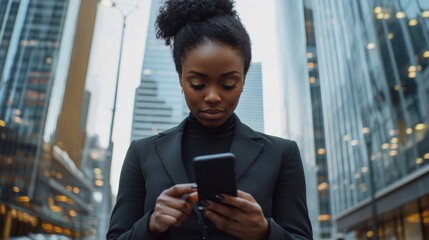 African Woman in Black Suit Checking Smartphone Amidst Modern City Skyscrapers