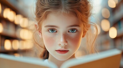 Canvas Print - A young girl enthusiastically studying a textbook in a library, emphasizing the pursuit of knowledge and academic success.