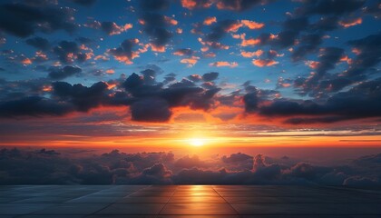 Wall Mural - Ethereal transition of sunset clouds against a dark floor backdrop blending seamlessly into a starry night sky