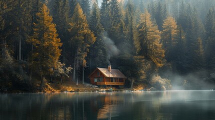 Wall Mural - A tranquil cabin by the serene lake surrounded by tall trees and autumn colors, creating a perfect peaceful retreat in nature.