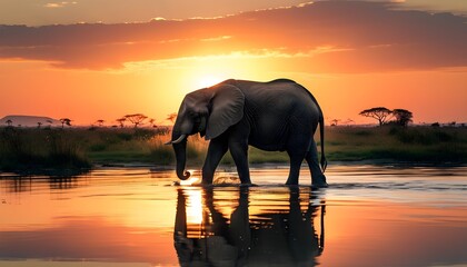 Wall Mural - Majestic elephant strolling through water during a stunning sunset in the heart of African wildlife on a thrilling safari adventure