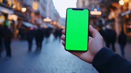 Poster - Man Holding Smartphone with Green Screen Display on City Street. Close-Up Shot