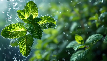 Wall Mural - Fresh mint leaves glistening with water droplets in a vibrant garden setting