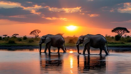 Wall Mural - Majestic elephant strolling through water during a stunning sunset in the heart of African wildlife on a thrilling safari adventure