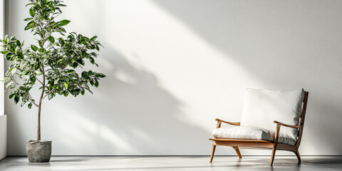 Bright and airy living space featuring a potted plant and a wooden chair with cushions in a contemporary interior design