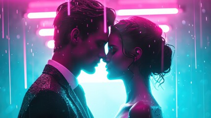 Wall Mural - A couple embracing in a neon-lit setting, the vibrant colors adding a sense of passion and romance to the intimate scene.