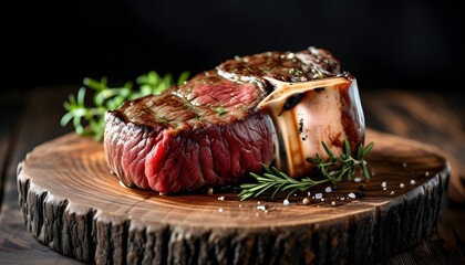 Wall Mural - Delectable Ribeye Steak Displayed on Wooden Board Against a Dark Backdrop