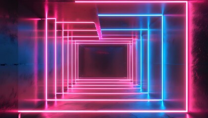 Wall Mural - Futuristic neon geometric backdrop with glowing lines and square tunnel design perfect for night club or product display.banner