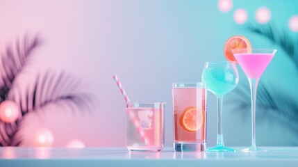 Wall Mural - Stylish neon-lit barware and drink glasses arranged on a bar counter, featuring vibrant colors and modern design elements ideal for nightlife themes.