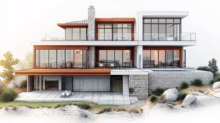 Illustration of a 3D house plan in CAD, featuring precise design and drafting elements from Revit or AutoCAD.