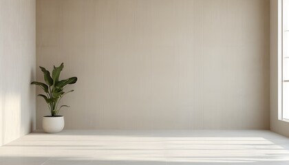 Wall Mural - Minimalist interior showcasing an empty room with beige walls, light streaming through a window, and ample white space for product display