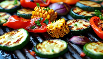 Wall Mural - Savoring Grilled Vegetables and Corn: A Delicious Vegetarian Feast amidst Natures Beauty