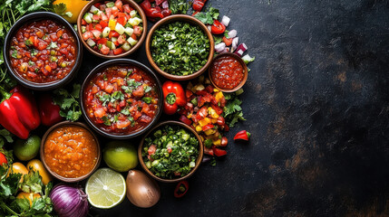 A vibrant assortment of fresh salsas and vegetables displayed in bowls, highlighting the rich colors and textures of ingredients like tomatoes, onions, and herbs for cooking