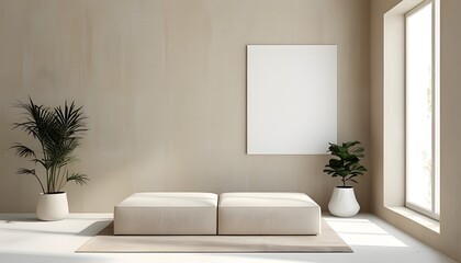 Wall Mural - Minimalist interior showcasing an empty room with beige walls, light streaming through a window, and ample white space for product display