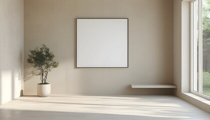 Wall Mural - Minimalist interior showcasing an empty room with beige walls, light streaming through a window, and ample white space for product display