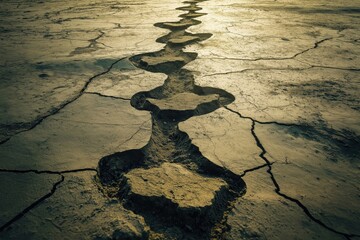 Dried Cracked Earth in a Field at Sunset