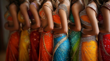 The colorful and elaborate saris worn by Indian women during a traditional festival, with shimmering fabrics and ornate jewelry