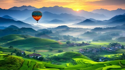 A breathtaking view of a hot air balloon soaring over lush green hills during a vibrant sunrise in the mountains.