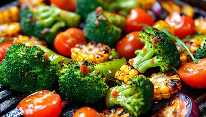 Wall Mural - Deliciously Grilled Vegetables Featuring Broccoli, Corn, and Tomato in a Natural Setting with a Focus on Vegetarian Cooking