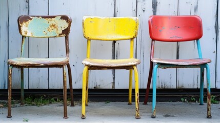 Three vintage colorful chairs with chipped paint and worn metal frames.