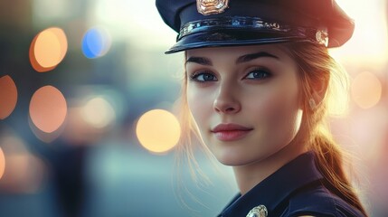 Wall Mural - A woman in a police uniform is smiling and looking at the camera