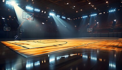 Wall Mural - Illuminated basketball court in a dynamic arena, featuring a basketball on the floor, showcasing the vibrant energy of sports athletics