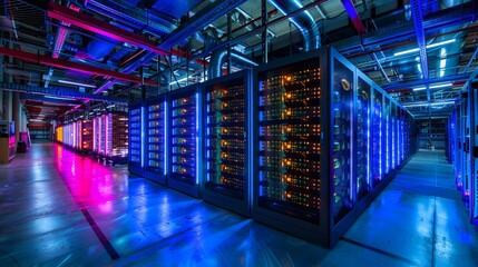 Poster - A scalable system growing dynamically in size, with additional glowing servers or storage units seamlessly added to handle increased load without performance degradation