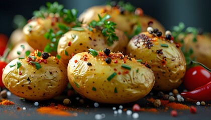 Wall Mural - Macro shot of fried potatoes seasoned with spices against a vibrant vegetable backdrop