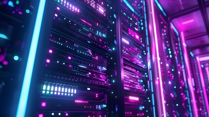 Poster - A scalable system growing dynamically in size, with additional glowing servers or storage units seamlessly added to handle increased load without performance degradation