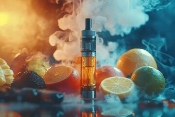 Colored ecigarettes for vaping and various fruits The symbol of the vape device Ecigarette Store for vaping Nicotine problem and addiction Stop The club of vapor and smoke