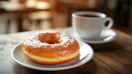 Glazed Donut with Coffee by Wooden Table