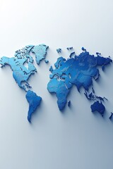Wall Mural - blue world map with 3d silhouettes of continents on light background, showcasing global geography an