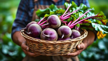 Wall Mural - Vibrant beetroot harvest captured in a farmers hands against a natural backdrop, celebrating the beauty of fresh vegetables and healthy nutrition