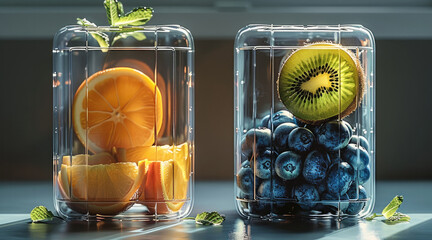 Canvas Print - A fruit package design, with an orange, a kiwi and a small bowl of blueberries, translucent packaging, slim fit minimalist design. Generative AI.