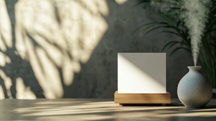 Poster - A blank paper card mockup rests elegantly on a touch of wood, illuminated by warm natural sunlight filtering through, creating gentle shadows in a serene space