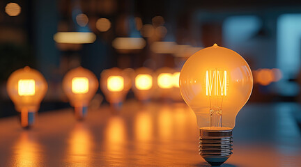 Poster - Multiple used light bulbs arranged on a desk, with only one bulb emitting light. The background blur into an office setting with a bright color scheme. Generative AI.