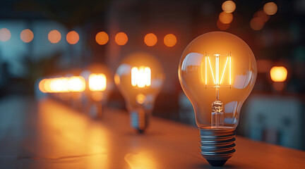 Poster - Multiple used light bulbs arranged on a desk, with only one bulb emitting light. The background blur into an office setting with a bright color scheme. Generative AI.